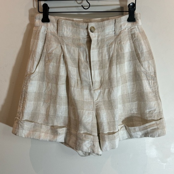 MADEWELL Sz 0 Linen Viscose Cotton Checkered High Rise Cuffed Pleated Shorts - Picture 2 of 7